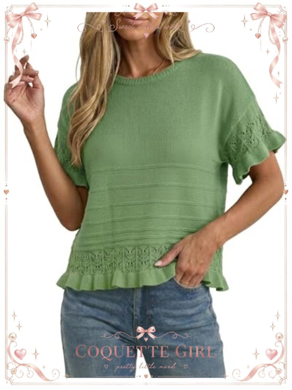 Womens Ruffled Short Sleeve Crochet Knit Pullover Sweater Casual Round Neck